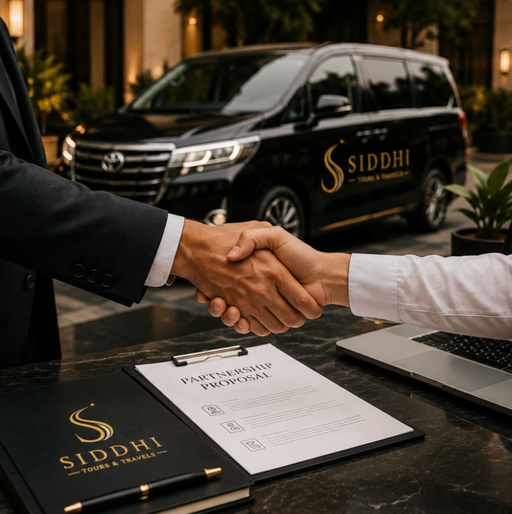 Siddhi Tours & Travels partnership handshake with branded luxury vehicle