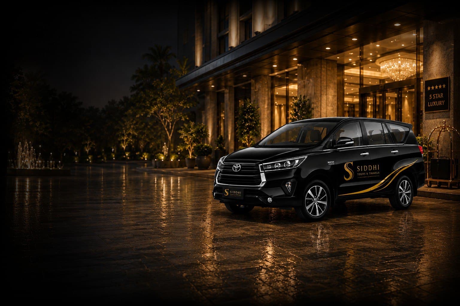 Siddhi branded luxury Toyota SUV parked at a grand hotel entrance at night